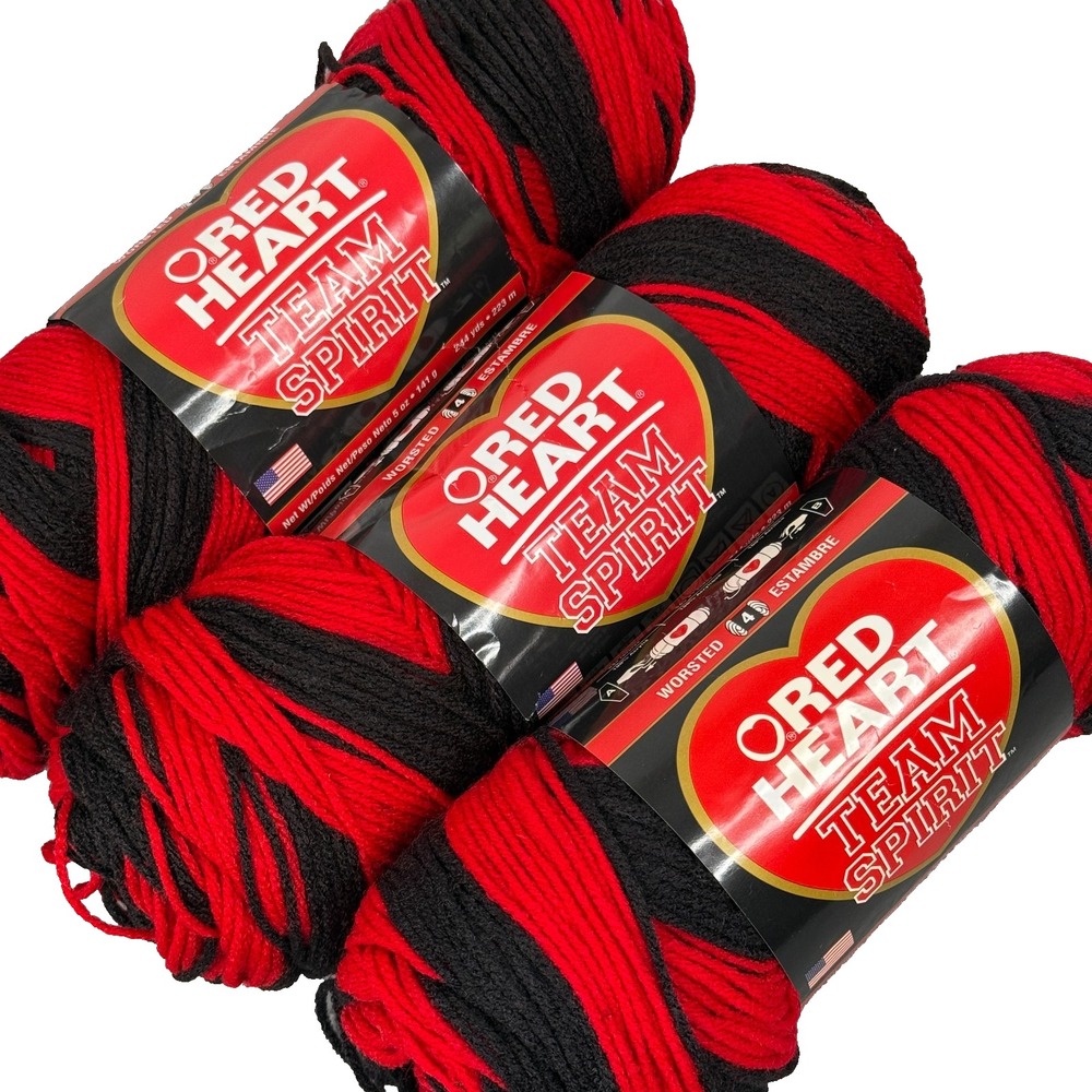 Red Heart Team Spirit Yarn Red Black Lot of 3 Skeins Worsted 4 Acrylic E797